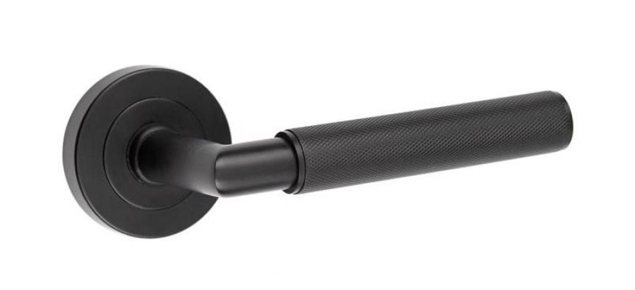 Mitred Knurled Matt Black Designer Lever on Rose
